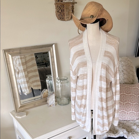 Talbots Sweaters - Talbots cream tan striped cotton open long cardigan sweater Large petite​​​